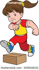 the child jumps over the cardboard 