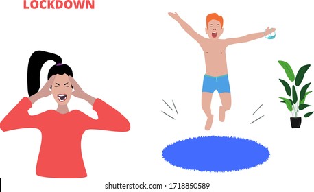 The Child Jumps And Screams Loudly. From This, A Young Mother Has A Headache From Below. Quarantine Situation. Face Mask In Hand. Covid-19 Pandemic Lockdown. Vector Illustration. Plant.