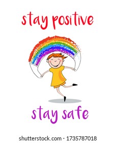 the child jumps through the jumpers in the form of a medical mask painted in the colors of the rainbow. On top the red inscription "stay positive". On the bottom the purple inscription "stay safe".