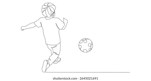Bola de futebol infantil chutando - Ilustração de esporte juvenil de linha contínua minimalista