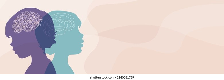Child kid or baby whit bipolar disorder mind. Double face. Split personality. Mood disorder. 2 Head silhouette.Psychology. Dual personality. Metaphor Mental health. Tangle and untangle - Shutterstock ID 2140081759