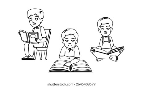 child kid boy book vector. read children, education happy, cute little child kid boy book character. people black line pencil drawing illustration