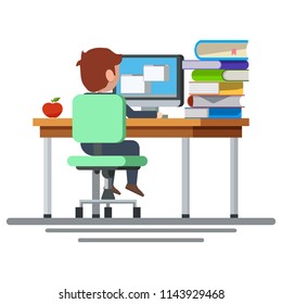 Child, kid working or studying on computer. Man rear back view sitting on a chair behind the office desk with an apple, pile of books. Vector flat illustration character workplace design