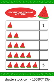 Child kids kindergarten homeschooling counting learn worksheet with cute watermelon fruit illustration vector template