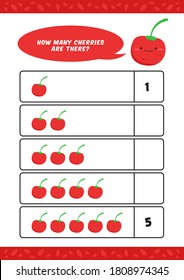 Child kids kindergarten homeschooling counting learn worksheet with cute cherry fruit illustration vector template