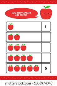 Child kids kindergarten homeschooling counting learn worksheet with cute apple fruit illustration vector template