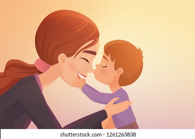 Child kissing mom flat vector illustration. Mother Day holiday greeting, parent and kid hugging. Mommy and son embracing cartoon smiling happy characters. Mother and child love drawing