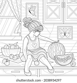 Child in the kitchen with fruit.Coloring book antistress for children and adults. Illustration isolated on white background.Zen-tangle style. Hand draw