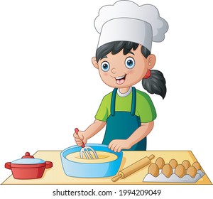 Child in the kitchen making a cake with a chef's hat