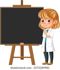 A child in a lab coat beside a blackboard