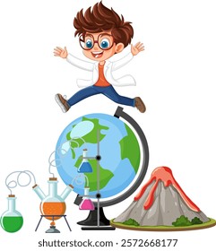 Child in lab coat with globe and volcano