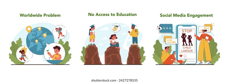 Child labor advocacy set. Global issue of child labor, barriers to education, and power of social media for change. Fight for kids rights and freedom of happy childhood. Flat vector illustration