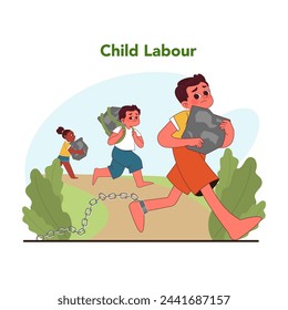 Child labor concept. Young children of different ages burdened by heavy labor, chained to their work. Powerful call to action for kids freedom, rights and careless childhood. Flat vector illustration