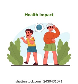 Child labor health consequences. Adverse health effects of child labor with injured and exhausted children needing care. Limited healthcare access for working kids. Flat vector illustration