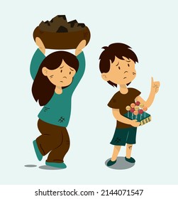 Child Labor. Illegal Child Labor And Employment. Boy Selling Candy. Girl Working Carrying Stones. Slavery. Vector Illustration. 