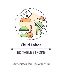 Icono de concepto de trabajo infantil multicolor. Derechos humanos. País del Tercer Mundo. Trabajo forzoso. Industria agrícola. Tema social. Ilustración de línea de forma redonda. Idea abstracta. Diseño gráfico. Fácil de usar