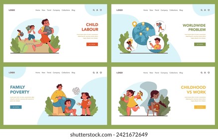 Child labor set. Juxtaposing carefree play with labor, highlighting health concerns and family poverty. Evoking call for change. Fight for children rights and freedom. Flat vector illustration