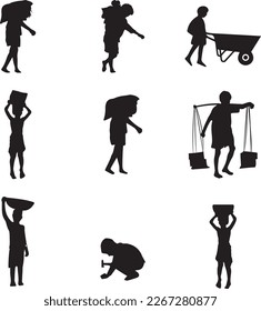 child labor silhouette. Collection of Workers or Labor Silhouette in different positions.