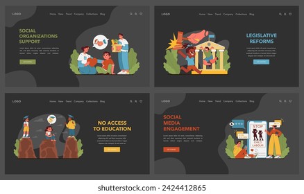 Child labor solutions set. Social support, legislative change, and healthcare access to combat child labor. Fight for kids rights, freedom and happy childhood. Flat vector illustration