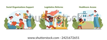 Child labor solutions set. Social support, legislative change, and healthcare access to combat child labor. Fight for kids rights, freedom and happy childhood. Flat vector illustration