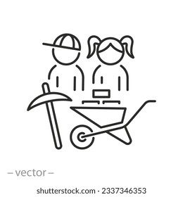 child labour icon, boy with girl and wheelbarrow cart, child abuse and exploitation, thin line symbol - editable stroke vector illustration svg