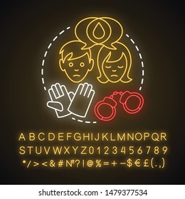 Child labour neon light concept icon. Children exploitation & labor idea. Illegal child work and employment. Kids abuse, maltreatment problem. Glowing alphabet, numbers. Vector isolated illustration