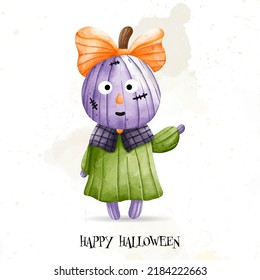 Child with a large pumpkin on head. Happy Halloween, watercolor vector illustration
