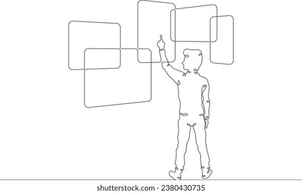 A child with large screens. Interactive monitors. The child touches the big screen. Many monitors. One continuous line drawing.Linear. Hand drawn,white background.