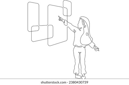A child with large screens. Interactive monitors. The child touches the big screen. Many monitors. One continuous line drawing.Linear. Hand drawn,white background.