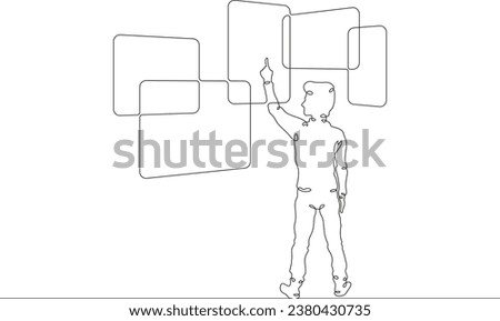 A child with large screens. Interactive monitors. The child touches the big screen. Many monitors. One continuous line drawing.Linear. Hand drawn,white background.