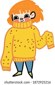 The child is in a large sweater. Vector.
