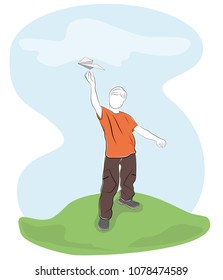 the child launches a paper airplane in nature. vector illustration.
