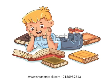 Child learn from books. Small smiling boy lies among books and reads interesting fairy tale or fantastic story. Preschooler gets knowledge. Education or hobby. Cartoon flat vector illustration