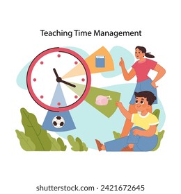 Child learning about time management with large clock, learning to distribute his attention and effort smartly. Importance of planning and scheduling in early education. Flat vector illustration