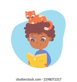 Child learning with cat vector illustration. Cartoon school boy reading adventure paper book from library or bookstore, portrait of cute kid with pet sitting on head. Friendship with animal concept