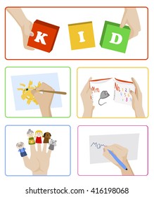 Child learning center icons set. Pre school education. Preschool, kindergarten banner. Vector illustration. Icons for reading and writing, playing and drawing. 