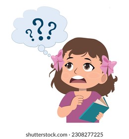 niño con dificultades de aprendizaje, estudiante con dudas. Niña pequeña triste y cuestionada. Ilustración vectorial con fondo blanco.