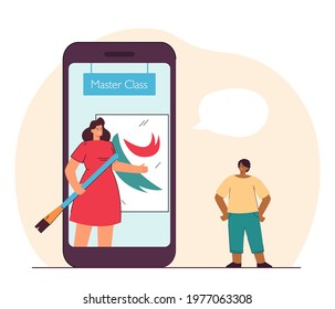 Child learning drawing online. Flat vector illustration. Cartoon dark skinned boy watching art master class with teacher on giant smartphone. Art, drawing, e-learning concept for banner design
