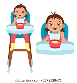 Child learning to eat with a spoon. Feeding baby porridge sitting on a chair. Сartoon style illustration.

