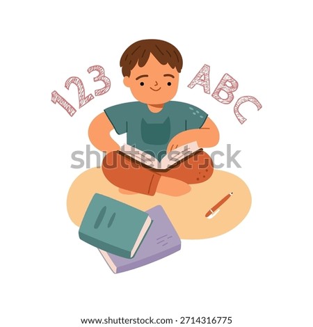 Child learning how to read. Vector in flat style, isolated cute kid with books, new language education, alphabet for children. Lessons for elementary class, primary schoolchild or preschooler