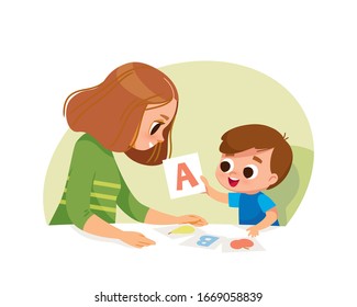 Child learning letters with mother. flashcards