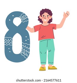 Child learning numbers, counting and mathematics. boy with number 8 in hands. Kids education and math classes, cartoon flat illustration isolated on background.