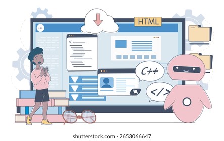 Uma programação de aprendizagem infantil com um assistente robô bonito, cercado por HTML e C mais elementos em uma interface digital, em um fundo claro. Conceito de educação. Ilustração vetorial