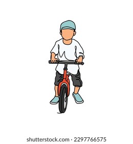 a child is learning to use a bicycle in continuous line art drawing style. design with Minimalist black linear design isolated on white background. Sport themes Vector illustration