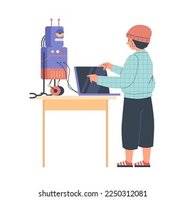 Child learns to control robots through computer software. Boy masters robotics and robot programming, flat vector illustration isolated on white background.