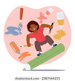 Child Learns Drawing With Joy, Scribbling Vibrant Creations, Exploring Imagination, And Mastering Fine Motor Skills Through Colorful Strokes, Fostering Artistic Growth. Cartoon Vector Illustration