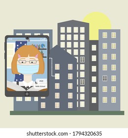child learns at home through a tablet on the background of the city