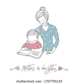 The child learns lessons. Home schooling. Mother and daughter. Vector illustration, icon.