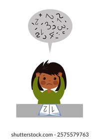 Child learns numbers. Dyscalculia and mental arithmetic concept. Learning, curiosity, and the challenges of math for young kids. Vector flat cartoon illustration for educational materials.