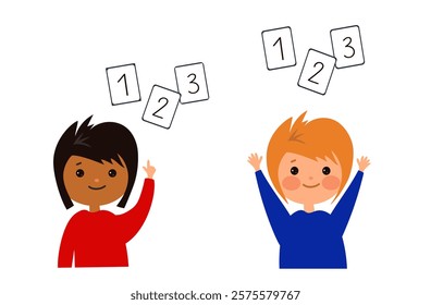 Child learns numbers. Dyscalculia and mental arithmetic concept. Learning, curiosity, and the challenges of math for young kids. Vector flat cartoon illustration for educational materials.